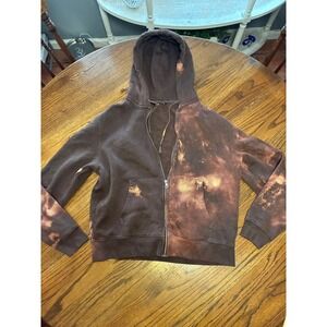 LCKR Mens Bleach Wash Full Zip Hoodie Brown Fleece Sweatshirt Size M